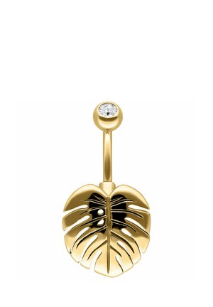 Gold belly button ring with a clear gemstone and a detailed monstera leaf charm hanging below.