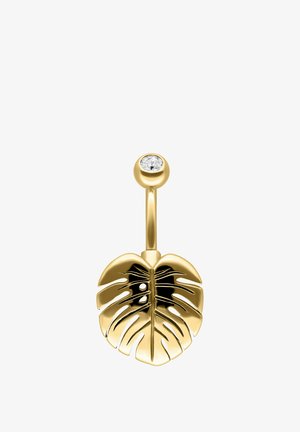 Gold belly button ring with a clear gemstone and a detailed monstera leaf charm hanging below.