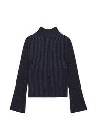 Zwart en blauw gestreepte coltrui met lange, uitlopende mouwen en textuurgebreid materiaal, ontworpen voor een aansluitende look.
