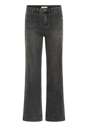 Jeans in denim nero sbiadito con vita alta, chiusura anteriore con bottone e ampie tasche frontali, caratterizzati da un taglio dritto.