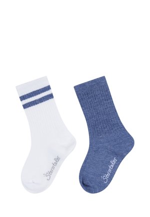 One white sock with two blue stripes and one solid blue sock, both ribbed and ankle-length, side by side on a white background.