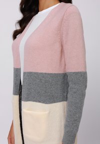 Knit cardigan featuring color block design in pink, gray, and cream, with long sleeves, open front, and front pockets. Soft texture.