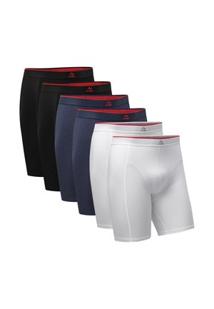Seks par herre boxershorts i sort, marineblå og hvid, hver med en rødbeskåret linning og logo foran i midten.