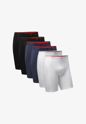 Sechs Paar Herren-Boxershorts in Schwarz, Marineblau und Weiß, jeweils mit rotem Bund und Logo vorne in der Mitte.