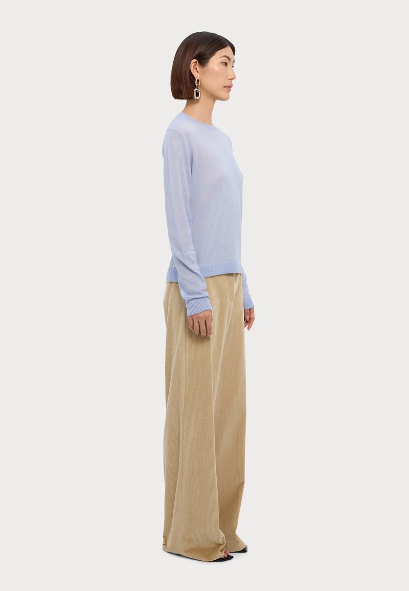 Pull bleu clair à manches longues et pantalon large beige. Le pull a des poignets côtelés ; le pantalon présente des rayures verticales et une coupe décontractée.