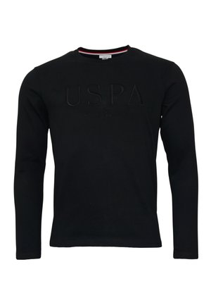 Schwarzes Langarm-T-Shirt mit Rundhalsausschnitt, ausgestattet mit einem geprägten "USPA"-Logo auf der Vorderseite und kontrastierenden Details am inneren Halsausschnitt.