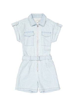 Lichtblauwe denim romper met een ritssluiting aan de voorkant, korte mouwen, twee borstzakken en een gebeltste taille met een lus. Korte, ontspannen pasvorm shorts.