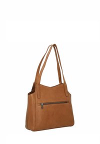 Borsa a tracolla in pelle marrone con doppie maniglie, silhouette piatta e tasca frontale con zip. Texture liscia e design minimalista.