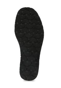 Black rubber shoe sole with a herringbone tread pattern. Textured surface for traction and durability. Features a rounded toe design.