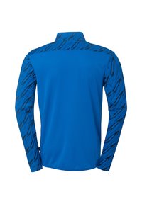 Blauwe sportieve langarmshirt met hoge kraag. Kenmerkt zich door gemusterde zwarte accenten op de mouwen; glad, gestructureerd stof over het hele shirt.