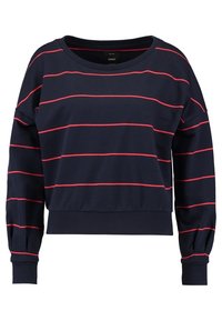 Sudadera de color navy con rayas horizontales rojas, cuello redondo, mangas largas y dobladillos y puños acanalados; hecha de una suave tela texturizada.