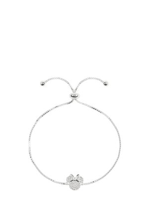 Bracciale regolabile in argento con ciondolo scintillante a forma di testa di Minnie Mouse con fiocco, su sfondo bianco.