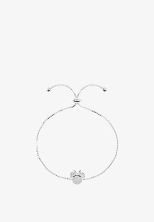 Zilveren verstelbare armband met een glinsterende Minnie Mouse-hoofdbedel met strik, tegen een witte achtergrond.