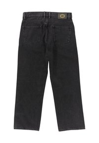 Jeans de mezclilla negra con un diseño de pierna recta, que cuentan con una etiqueta de la marca amarilla en la cintura trasera y dos bolsillos traseros.