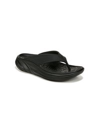 Zwarte flip-flop sandaal met een gestructureerde voetbed met cirkelpatronen, flexibele rubberen banden en een ergonomische zool voor comfort.