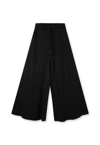 Pantalones negros de pierna ancha con un patrón texturizado, con cintura elástica y cordón, diseñados para un ajuste suelto y fluido.