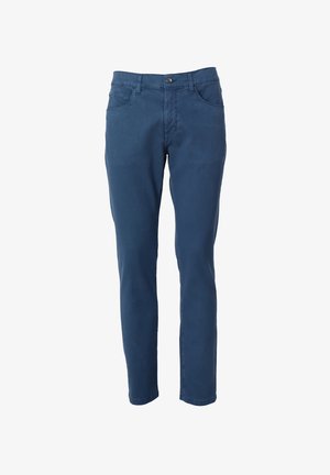 Modre bombažne hlače z ravnim krojem, ki vključujejo dva sprednja žepa, en zadnji žep in zapiranje na gumb.