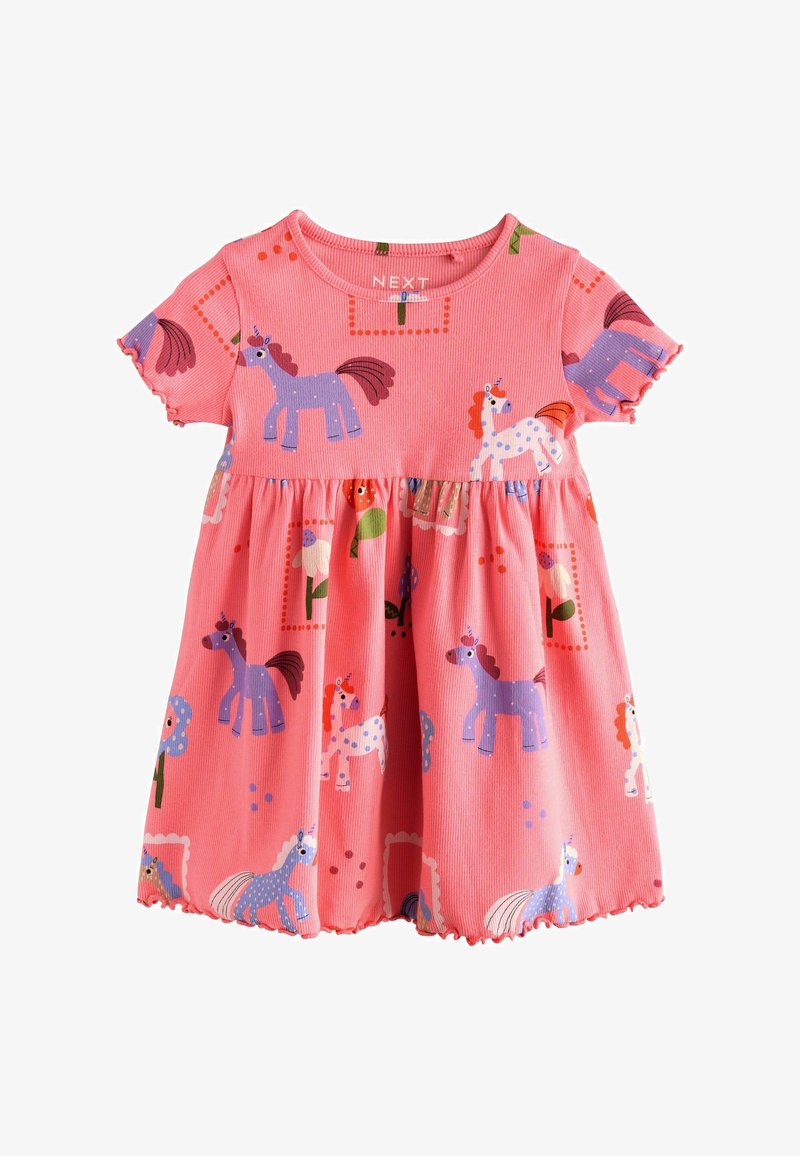 Vestito rosa a maniche corte per bambini con stampe di unicorni e cavalli viola e bianchi e piccoli puntini e fiori sparsi.