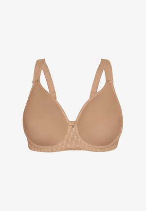 Beiger BH mit glatten, geformten Schalen, verstellbaren Trägern und einem strukturierten Band. Hat einen subtilen Glanz und ein zentrales Hardware-Detail.