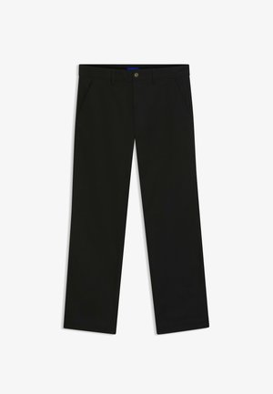 Pantalon noir à jambes droites avec passants pour ceinture, poches avant, fermeture par bouton et fermeture éclair, conçu pour les hommes.