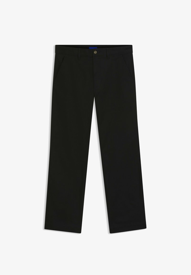 Pantalon noir à jambes droites avec passants pour ceinture, poches avant, fermeture par bouton et fermeture éclair, conçu pour les hommes.