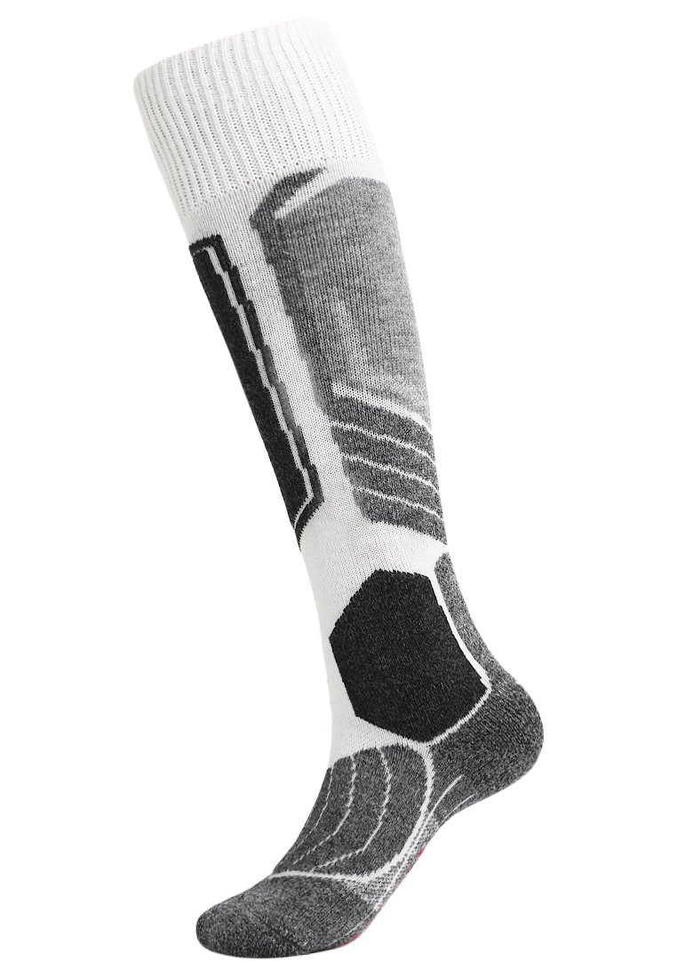 Calcetines hasta la rodilla con un diseño en gris y blanco que presenta formas hexagonales, rayas y patrones texturizados. Están hechos de un material suave y elástico.