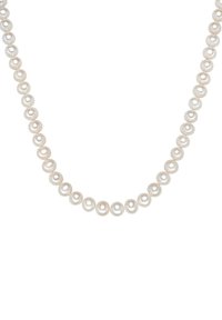 String of lustrous white pearls, each round and uniform in size, with a smooth surface and subtle sheen, connected by a thin cord.