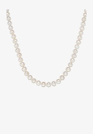 Rivière de perles blanches éclatantes, chacune ronde et uniforme en taille, avec une surface lisse et un subtil éclat, reliées par un cordon fin.