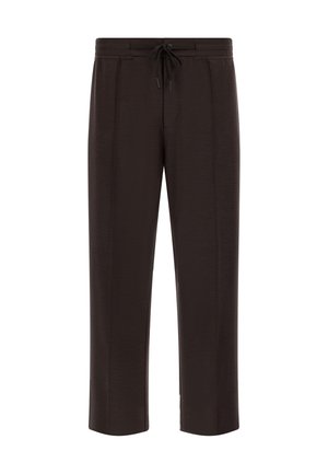 Pantaloni marroni in tessuto morbido con vestibilità comoda, dotati di vita elasticizzata e cordoncino per la regolazione, e con due tasche frontali.