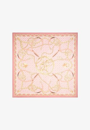 Rosa Seidenschal mit Goldketten-Design, kreisförmigen Mustern und sich verflochtenden Bändern, mit subtiler Textur und dekorativem Rand.