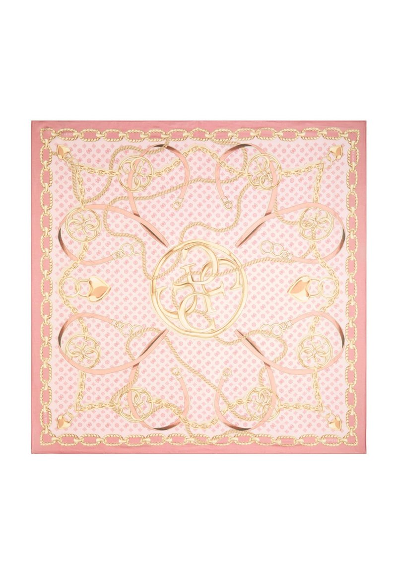 Sciarpa di seta rosa con motivo a catena dorata, disegni circolari e nastri intrecciati, con una texture sottile e un bordo decorativo.