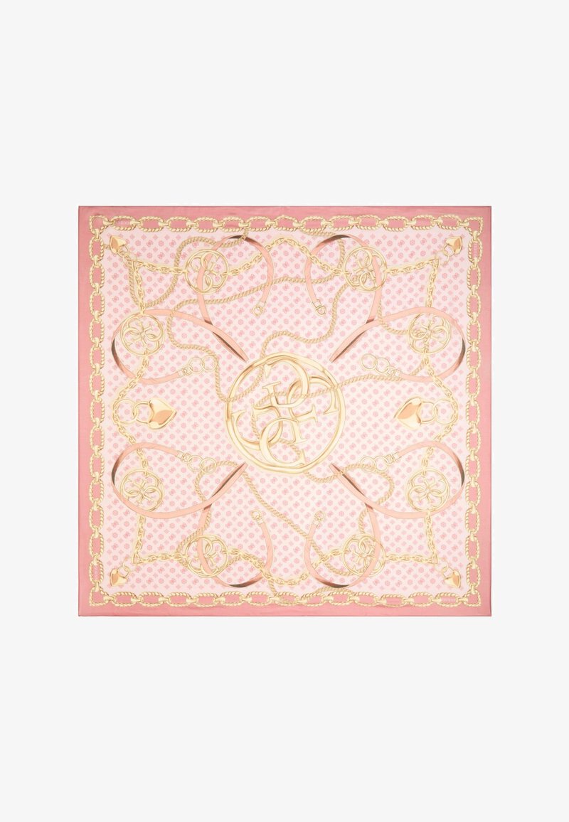 Sciarpa di seta rosa con motivo a catena dorata, disegni circolari e nastri intrecciati, con una texture sottile e un bordo decorativo.