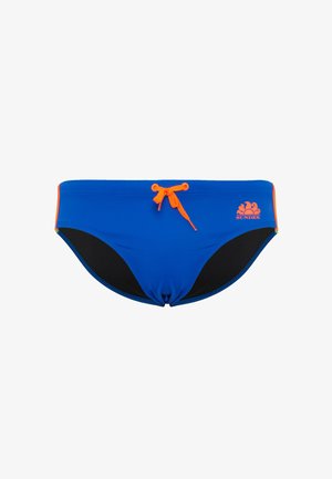 Costumi da bagno blu con pannelli laterali neri, cordino arancione e un piccolo logo arancione. Realizzati in tessuto elastico per costumi da bagno.