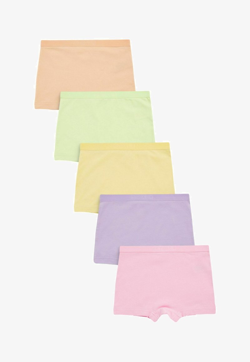 Fünf Paare von Shorts aus Stretch-Baumwolle in Pastellfarben: Pfirsich, Hellgrün, Gelb, Lavendel und Rosa. Glatte Textur, elastischer Bund.
