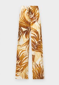 Pantalon à jambes larges avec motif de feuilles de palmier beige et marron, taille à cordon avec accents de perles dorées.