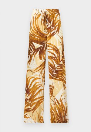 Laiade püksid, millel on beeži ja pruuni palmilehe muster ning nöörvöö vöökohal kuldsete helmeste aktsendiga.