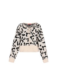 Pulover scurt dintr-un material moale, tricotat; bază crem cu imprimeu abstract de leopard negru; manșete și tiv cu nervuri; decolteu cu șnur ajustabil.