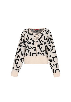 Skraćeni pulover od meke, pletene tkanine; krema osnova s apstraktnim crnim uzorkom leoparda; rebrasti rukavi i porub; podešavanje vezice na vratu.