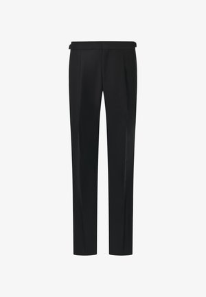 Czarne spodnie o dopasowanym kroju, wykonane z gładkiego materiału, z prostymi nogawkami, dwoma plisami z przodu oraz zapięciem na zamek z tyłu.