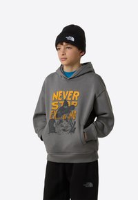 Hall hallipluus, millel on oranži ja musta värvi "NEVER STOP EXPLORING" graafika, kombineeritud musta kootud mütsiga. Modell kannab ka musti pükse.