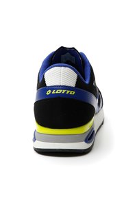 Black and blue sneaker with a textured suede upper, white mesh accents, yellow detailing on the heel, and a gray rubber sole.