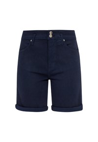 Marineblauwe denimshorts met omgeslagen zoom, voorzien van een klassieke vijf-pocketdesign en twee zilveren knoopsluitingen bij de tailleband.