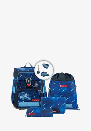 Blue backpack made of durable fabric, featuring a space theme with stars and spaceships. Includes matching pencil case, drawstring bag, and keychain.