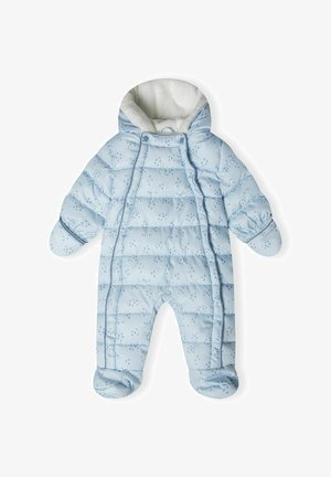 Light blue puffer jumpsuit with a hood, featuring a soft white lining, patterned texture, elastic cuffs, and enclosed feet.