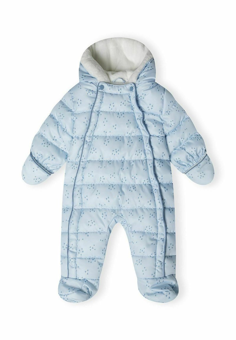 Lichtblauwe puffer jumpsuit met een capuchon, voorzien van een zachte witte voering, patroontextuur, elastische manchetten en gesloten voeten.