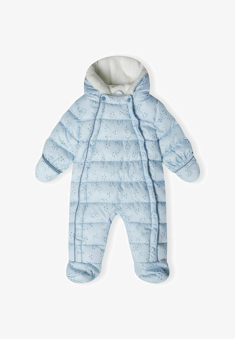 Lichtblauwe puffer jumpsuit met een capuchon, voorzien van een zachte witte voering, patroontextuur, elastische manchetten en gesloten voeten.