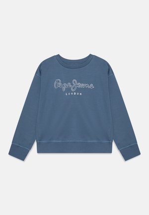 Blaues Sweatshirt mit Rundhalsausschnitt, langen Ärmeln und weißem Schriftzug „Pepe Jeans London“ mittig auf der Brust.