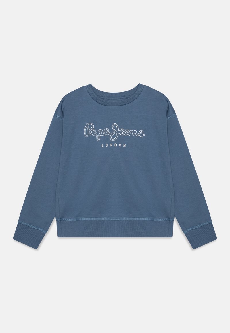 Sweat-shirt bleu col rond à manches longues avec logo texte blanc "Pepe Jeans London" centré sur la poitrine.