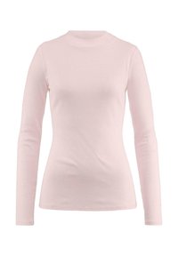 Langärmliges, hellrosa Oberteil mit hohem Kragen. Hergestellt aus glattem, elastischem Stoff, mit einem figurbetonten Design ohne Muster oder Verzierungen.