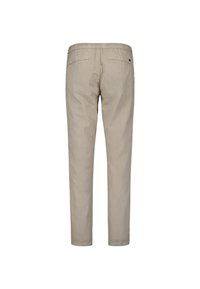 Beige broeken met een rechte pijpdesign, elastische tailleband en twee achterzakken. Gemaakt van lichte stof met een textuurafwerking.